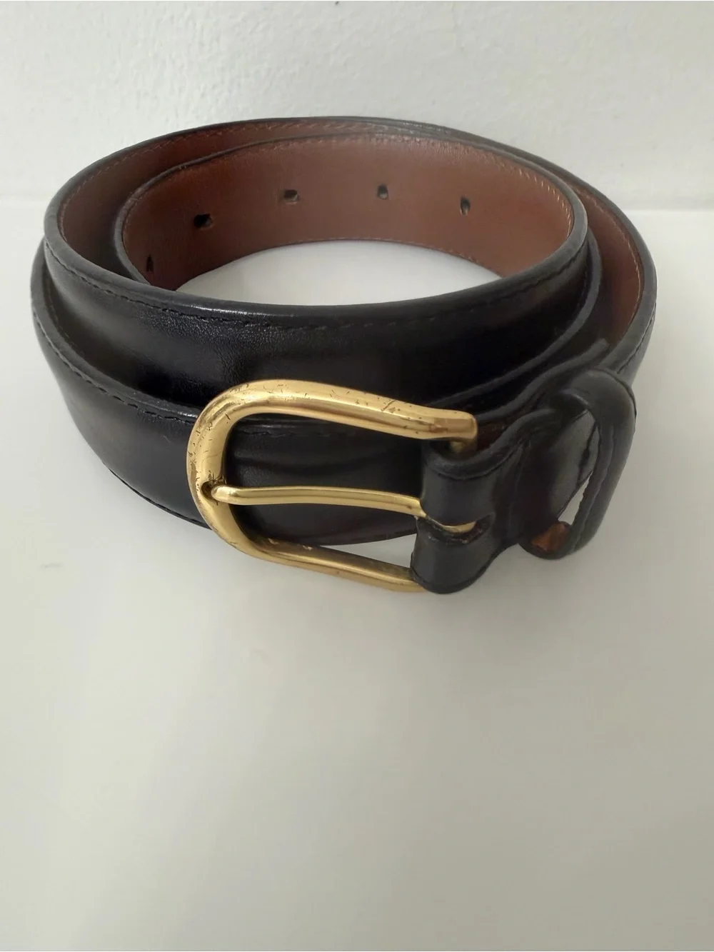 L L Bean Classic Black Leather Men’s Belt with Gold Buckle 34
